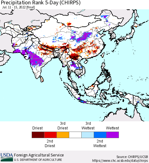 Asia Precipitation Rank since 1981, 5-Day (CHIRPS) Thematic Map For 7/11/2022 - 7/15/2022