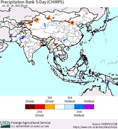 Asia Precipitation Rank since 1981, 5-Day (CHIRPS) Thematic Map For 7/16/2022 - 7/20/2022
