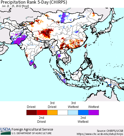 Asia Precipitation Rank since 1981, 5-Day (CHIRPS) Thematic Map For 7/21/2022 - 7/25/2022