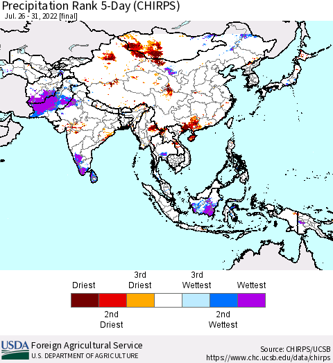 Asia Precipitation Rank since 1981, 5-Day (CHIRPS) Thematic Map For 7/26/2022 - 7/31/2022