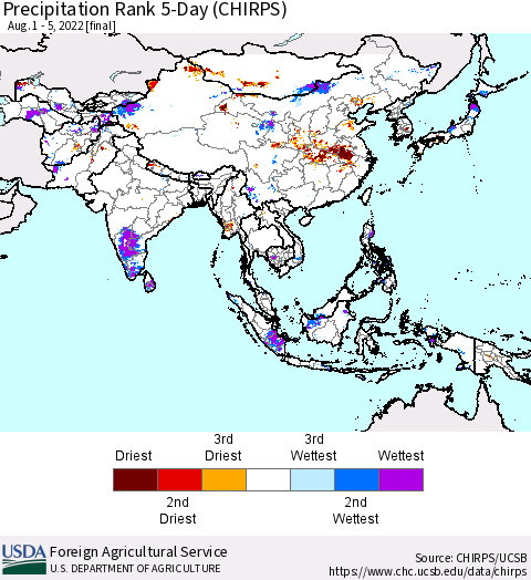 Asia Precipitation Rank since 1981, 5-Day (CHIRPS) Thematic Map For 8/1/2022 - 8/5/2022