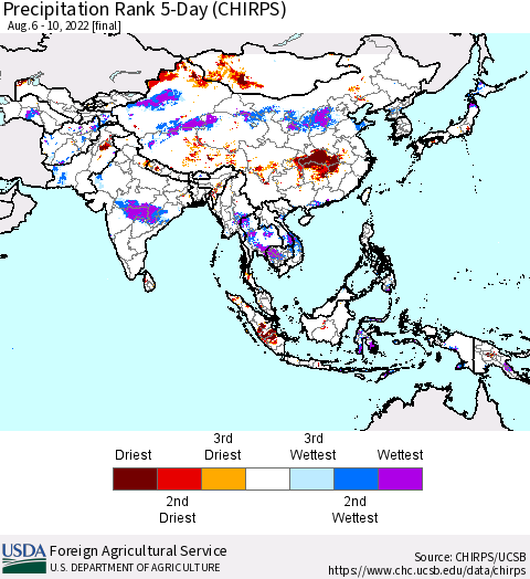 Asia Precipitation Rank since 1981, 5-Day (CHIRPS) Thematic Map For 8/6/2022 - 8/10/2022