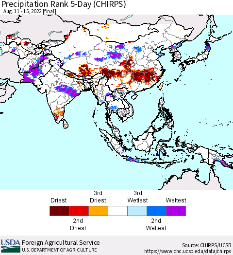 Asia Precipitation Rank since 1981, 5-Day (CHIRPS) Thematic Map For 8/11/2022 - 8/15/2022