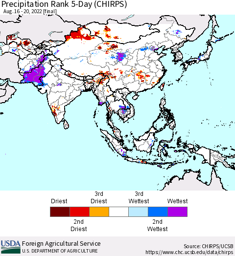 Asia Precipitation Rank since 1981, 5-Day (CHIRPS) Thematic Map For 8/16/2022 - 8/20/2022