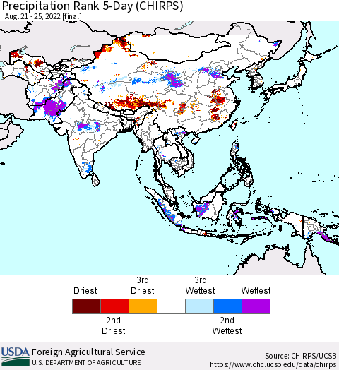 Asia Precipitation Rank since 1981, 5-Day (CHIRPS) Thematic Map For 8/21/2022 - 8/25/2022