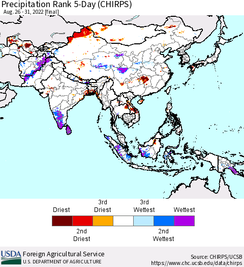 Asia Precipitation Rank since 1981, 5-Day (CHIRPS) Thematic Map For 8/26/2022 - 8/31/2022