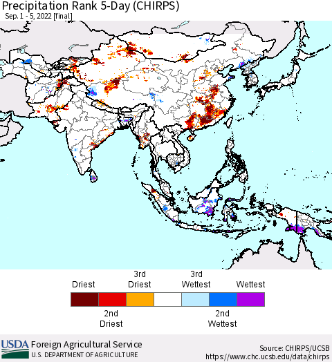 Asia Precipitation Rank since 1981, 5-Day (CHIRPS) Thematic Map For 9/1/2022 - 9/5/2022