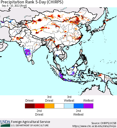 Asia Precipitation Rank since 1981, 5-Day (CHIRPS) Thematic Map For 9/6/2022 - 9/10/2022