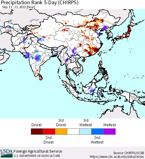 Asia Precipitation Rank since 1981, 5-Day (CHIRPS) Thematic Map For 9/11/2022 - 9/15/2022
