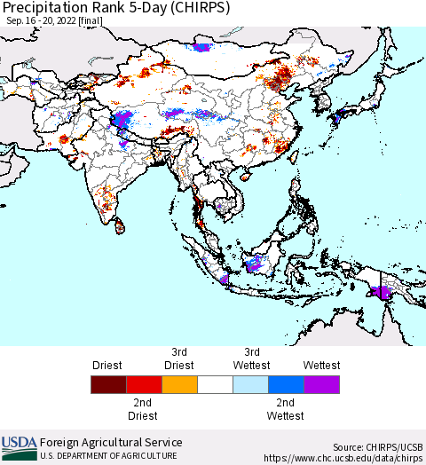 Asia Precipitation Rank since 1981, 5-Day (CHIRPS) Thematic Map For 9/16/2022 - 9/20/2022