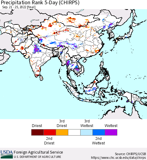 Asia Precipitation Rank since 1981, 5-Day (CHIRPS) Thematic Map For 9/21/2022 - 9/25/2022