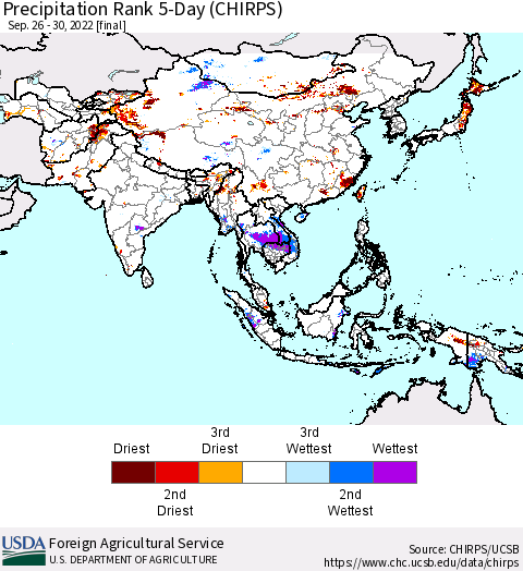 Asia Precipitation Rank since 1981, 5-Day (CHIRPS) Thematic Map For 9/26/2022 - 9/30/2022