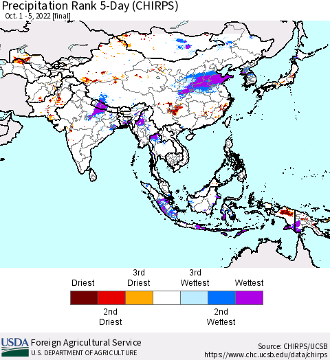 Asia Precipitation Rank since 1981, 5-Day (CHIRPS) Thematic Map For 10/1/2022 - 10/5/2022
