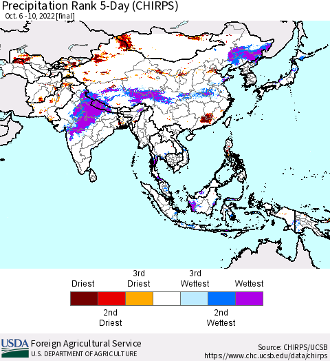 Asia Precipitation Rank since 1981, 5-Day (CHIRPS) Thematic Map For 10/6/2022 - 10/10/2022