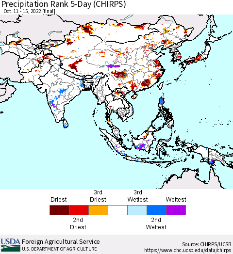 Asia Precipitation Rank since 1981, 5-Day (CHIRPS) Thematic Map For 10/11/2022 - 10/15/2022