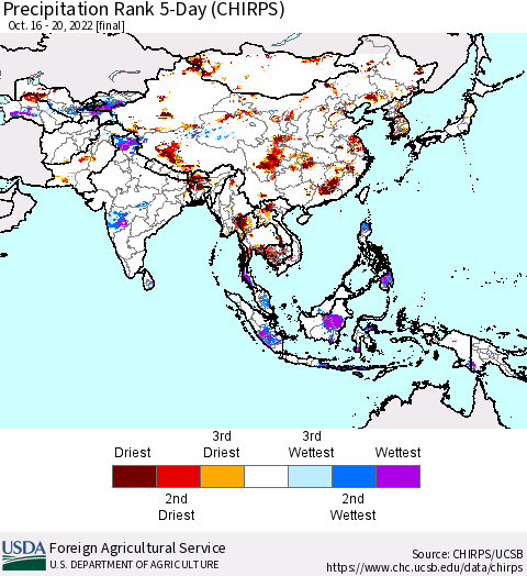 Asia Precipitation Rank since 1981, 5-Day (CHIRPS) Thematic Map For 10/16/2022 - 10/20/2022