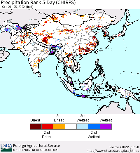 Asia Precipitation Rank since 1981, 5-Day (CHIRPS) Thematic Map For 10/21/2022 - 10/25/2022