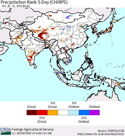 Asia Precipitation Rank since 1981, 5-Day (CHIRPS) Thematic Map For 10/26/2022 - 10/31/2022