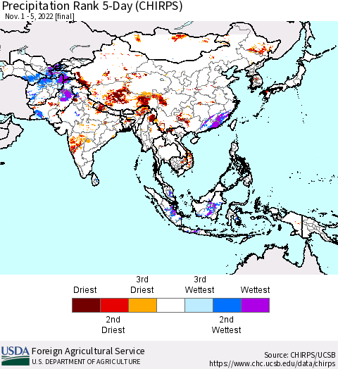 Asia Precipitation Rank since 1981, 5-Day (CHIRPS) Thematic Map For 11/1/2022 - 11/5/2022