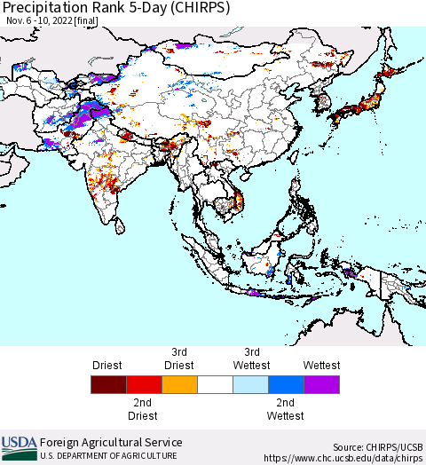 Asia Precipitation Rank since 1981, 5-Day (CHIRPS) Thematic Map For 11/6/2022 - 11/10/2022
