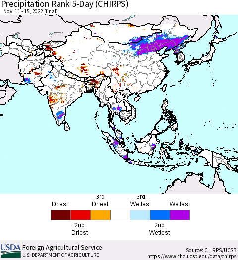 Asia Precipitation Rank since 1981, 5-Day (CHIRPS) Thematic Map For 11/11/2022 - 11/15/2022