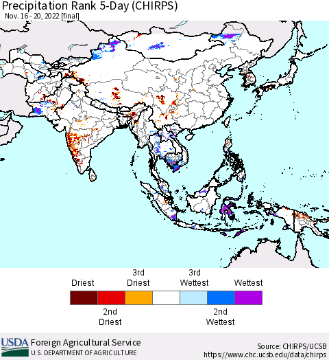 Asia Precipitation Rank since 1981, 5-Day (CHIRPS) Thematic Map For 11/16/2022 - 11/20/2022