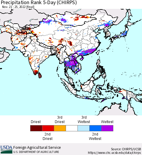 Asia Precipitation Rank since 1981, 5-Day (CHIRPS) Thematic Map For 11/21/2022 - 11/25/2022