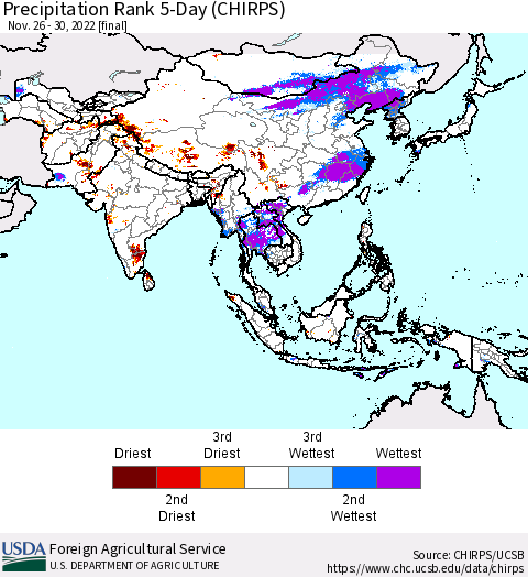 Asia Precipitation Rank since 1981, 5-Day (CHIRPS) Thematic Map For 11/26/2022 - 11/30/2022