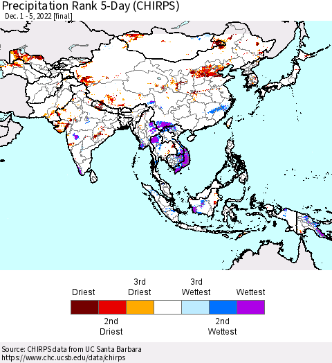 Asia Precipitation Rank since 1981, 5-Day (CHIRPS) Thematic Map For 12/1/2022 - 12/5/2022