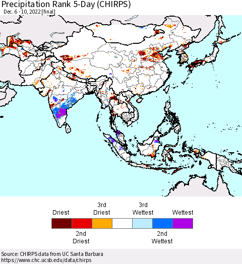 Asia Precipitation Rank since 1981, 5-Day (CHIRPS) Thematic Map For 12/6/2022 - 12/10/2022