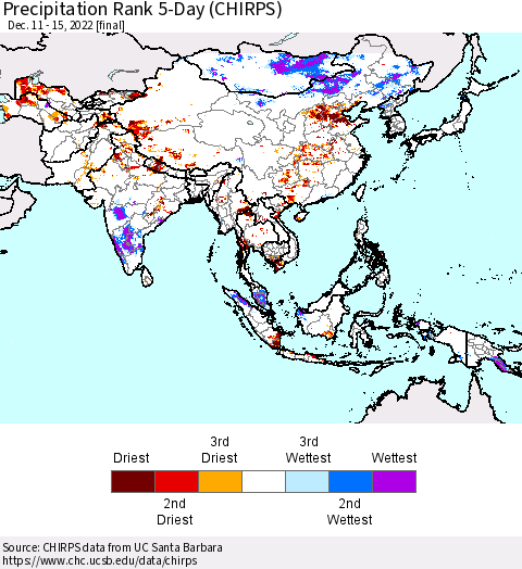 Asia Precipitation Rank since 1981, 5-Day (CHIRPS) Thematic Map For 12/11/2022 - 12/15/2022