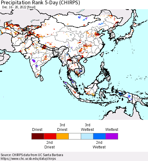 Asia Precipitation Rank since 1981, 5-Day (CHIRPS) Thematic Map For 12/16/2022 - 12/20/2022