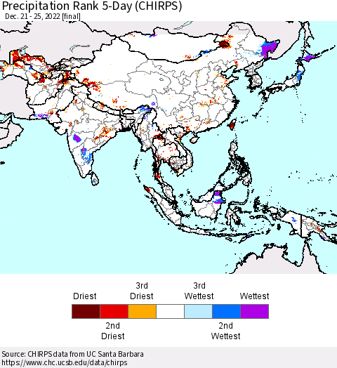 Asia Precipitation Rank since 1981, 5-Day (CHIRPS) Thematic Map For 12/21/2022 - 12/25/2022