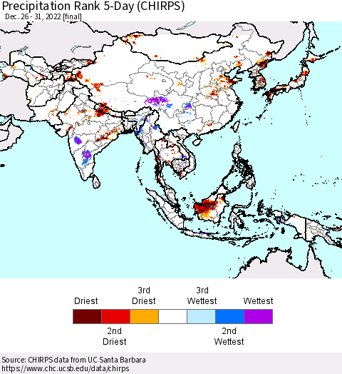 Asia Precipitation Rank since 1981, 5-Day (CHIRPS) Thematic Map For 12/26/2022 - 12/31/2022