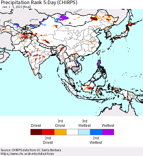 Asia Precipitation Rank since 1981, 5-Day (CHIRPS) Thematic Map For 1/1/2023 - 1/5/2023