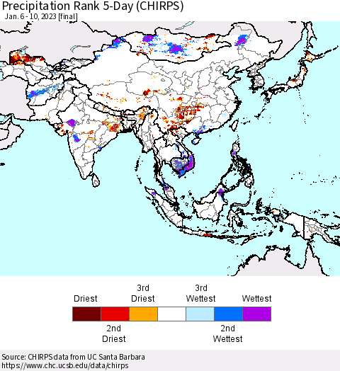 Asia Precipitation Rank since 1981, 5-Day (CHIRPS) Thematic Map For 1/6/2023 - 1/10/2023