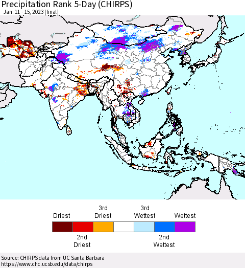 Asia Precipitation Rank since 1981, 5-Day (CHIRPS) Thematic Map For 1/11/2023 - 1/15/2023