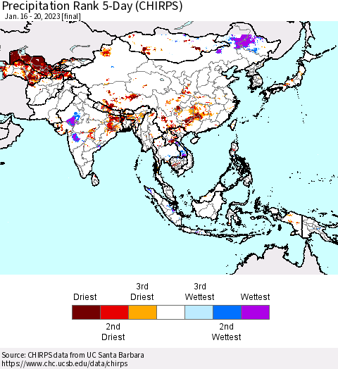 Asia Precipitation Rank since 1981, 5-Day (CHIRPS) Thematic Map For 1/16/2023 - 1/20/2023