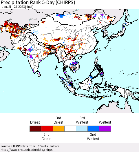 Asia Precipitation Rank since 1981, 5-Day (CHIRPS) Thematic Map For 1/21/2023 - 1/25/2023