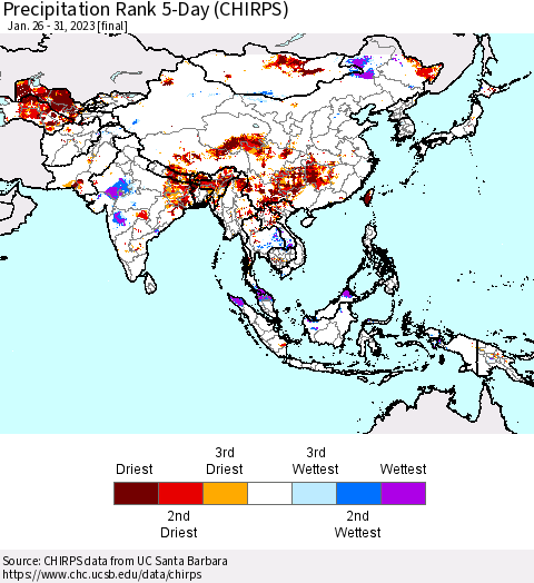 Asia Precipitation Rank since 1981, 5-Day (CHIRPS) Thematic Map For 1/26/2023 - 1/31/2023