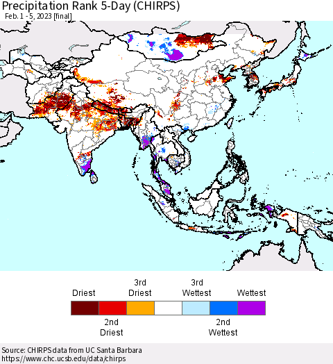 Asia Precipitation Rank since 1981, 5-Day (CHIRPS) Thematic Map For 2/1/2023 - 2/5/2023