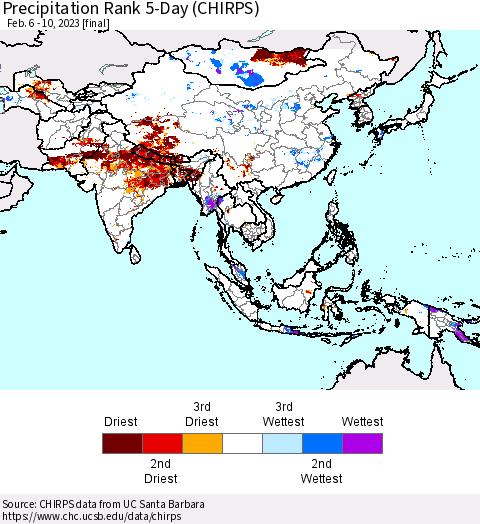 Asia Precipitation Rank since 1981, 5-Day (CHIRPS) Thematic Map For 2/6/2023 - 2/10/2023