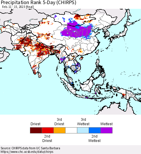Asia Precipitation Rank since 1981, 5-Day (CHIRPS) Thematic Map For 2/11/2023 - 2/15/2023