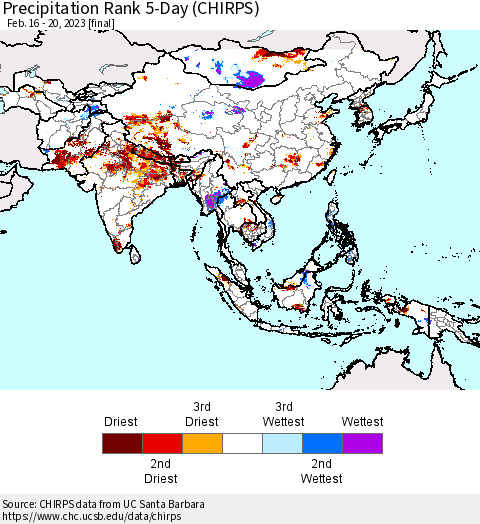 Asia Precipitation Rank since 1981, 5-Day (CHIRPS) Thematic Map For 2/16/2023 - 2/20/2023