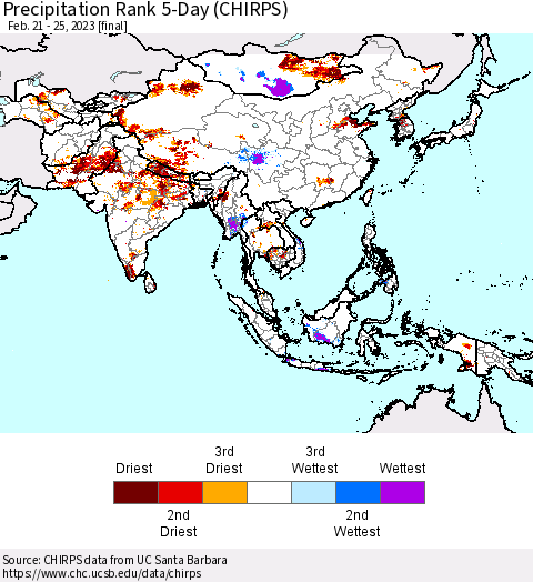 Asia Precipitation Rank since 1981, 5-Day (CHIRPS) Thematic Map For 2/21/2023 - 2/25/2023