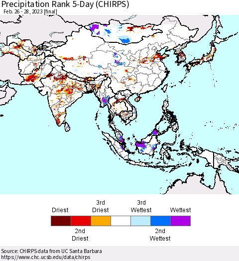 Asia Precipitation Rank since 1981, 5-Day (CHIRPS) Thematic Map For 2/26/2023 - 2/28/2023