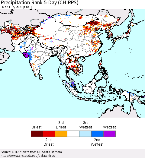 Asia Precipitation Rank since 1981, 5-Day (CHIRPS) Thematic Map For 3/1/2023 - 3/5/2023