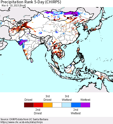 Asia Precipitation Rank since 1981, 5-Day (CHIRPS) Thematic Map For 3/6/2023 - 3/10/2023