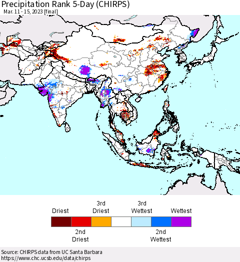 Asia Precipitation Rank since 1981, 5-Day (CHIRPS) Thematic Map For 3/11/2023 - 3/15/2023