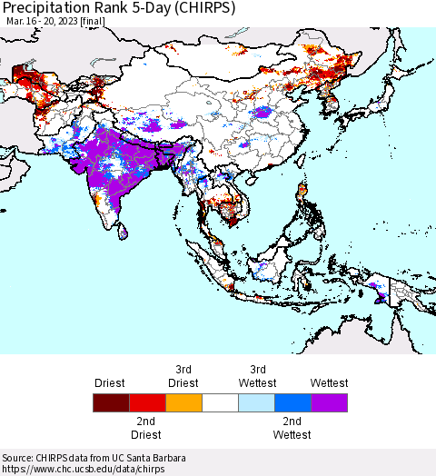 Asia Precipitation Rank since 1981, 5-Day (CHIRPS) Thematic Map For 3/16/2023 - 3/20/2023